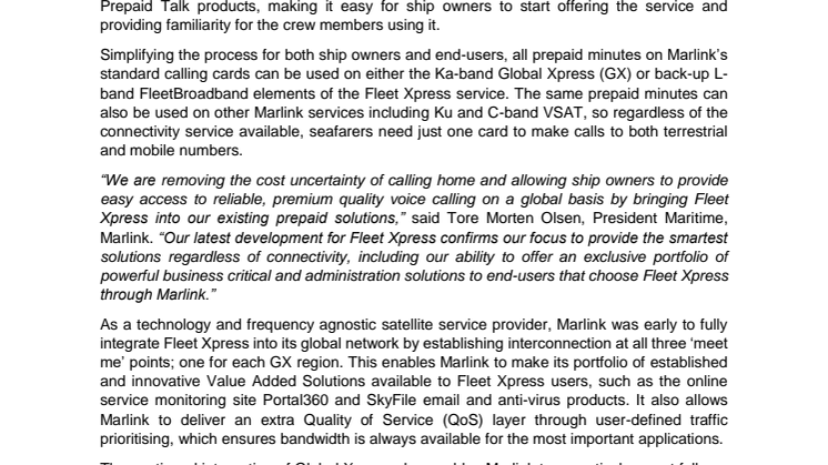 Marlink: Marlink first to introduce prepaid cards for voice calls on Inmarsat Fleet Xpress