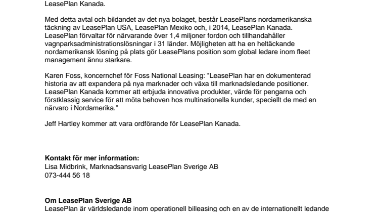 LeasePlan öppnar i Kanada januari 2014