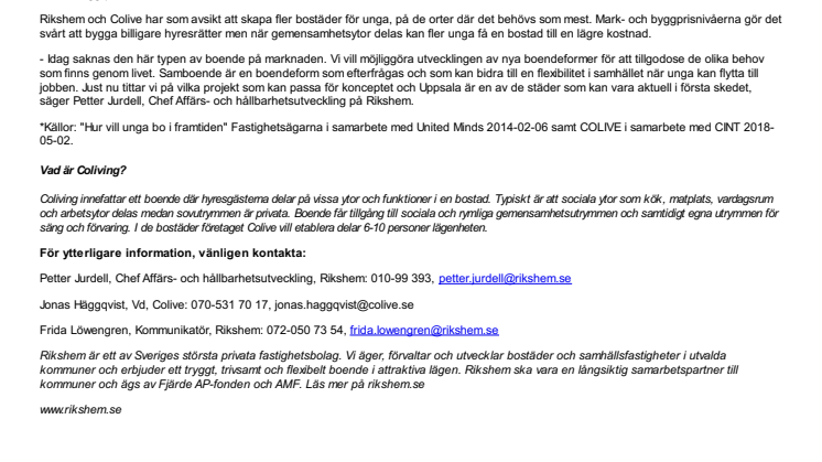 COLIVE och Rikshem inleder samarbete