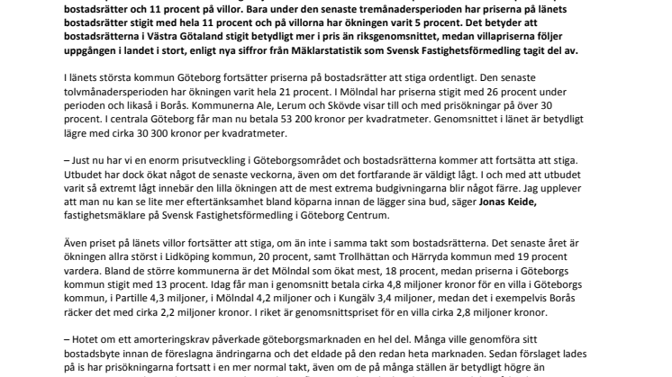 Priserna på bostadsrätter i Västra Götaland fortsätter att slå rekord