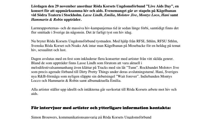 Svenska artister mot hiv - LIVE AIDS DAY  