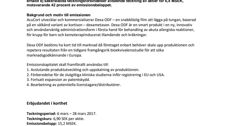 AcuCort: Inleder emission inför notering på AktieTorget