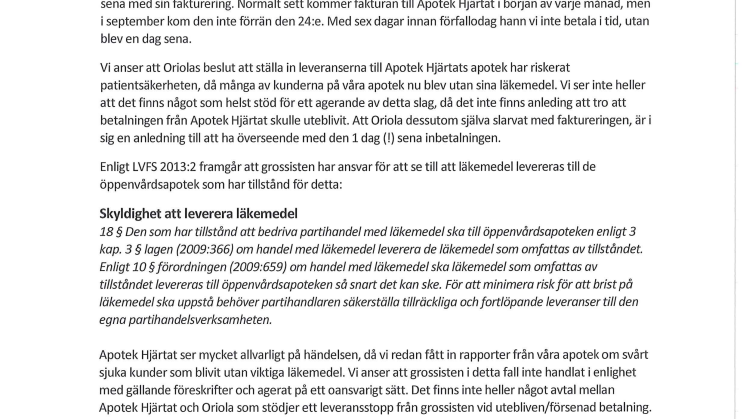 Apotek Hjärtats anmälan av Oriola till Läkemedelsverket