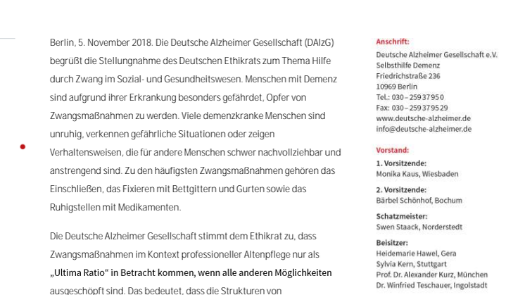 Deutsche Alzheimer Gesellschaft begrüßt Stellungnahme des Ethikrats: Zwang in der Pflege muss letztes Mittel sein