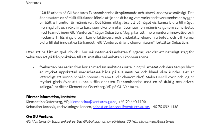 GU Ventures presenterar sin nye redovisningsekonom Sebastian Jonczyk!