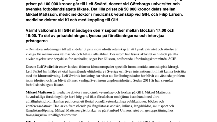 Inbjudan till prisutdelning den 7 september på GIH: Leif Swärd får SCIF:s stora vetenskapliga pris