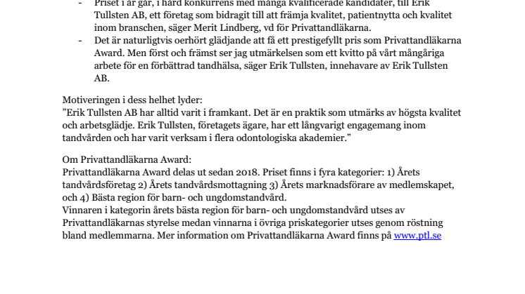 Erik Tullsten AB är Årets tandvårdsföretag