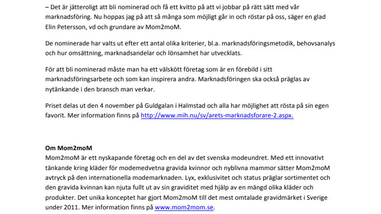 Mom2moM nominerat till Årets marknadsförare 2011