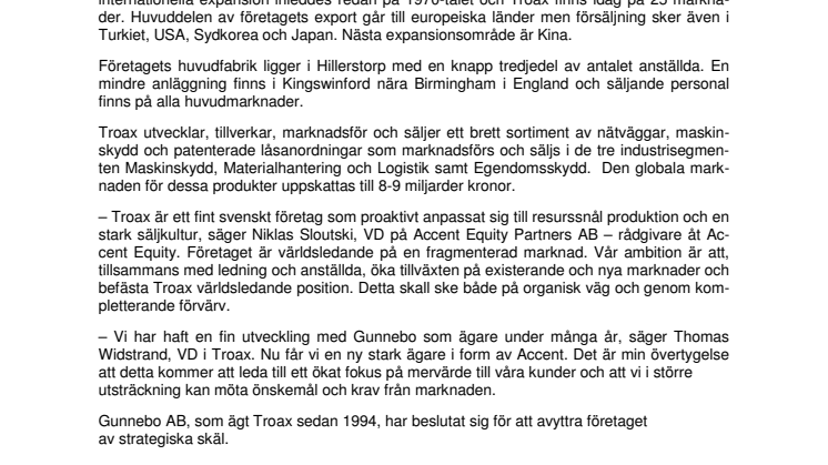 Troax-gruppen förvärvas av Accent Equity - satsar på tillväxt genom internationell expansion