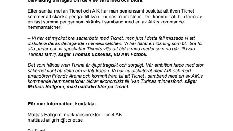 Ticnet stödjer Ivan Turinas minnesfond