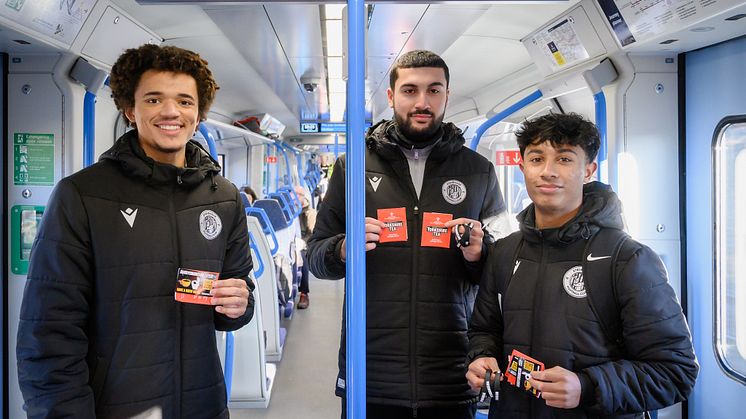 Up for the cuppa: Stevenage Academy players [l to r] Kymani Skyers, Tanil Salik and Baron Cambaz gave passengers teabags and smiles on the Thameslink Brew Train [more downloadable images below]