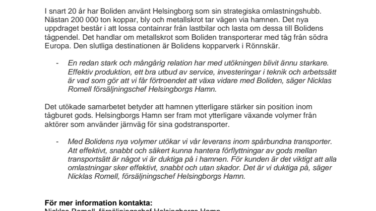 ​Helsingborgs Hamn utökar samarbetet med metallföretaget Boliden
