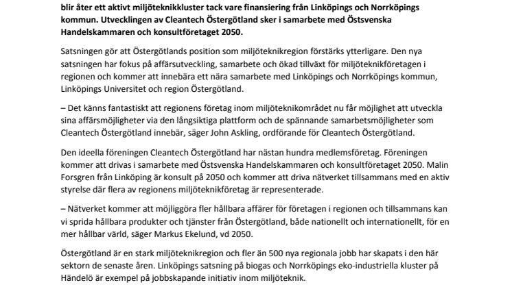 Cleantech Östergötland växlar upp