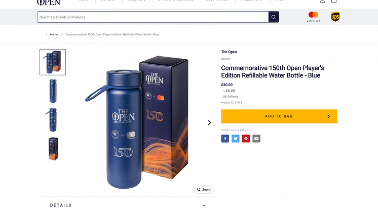 Golf fans can now buy their bespoke, 150th the Open Limited Edition sustainable Bluewater bottles at The Open online webshop
