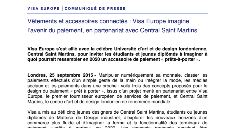 Vêtements et accessoires connectés : Visa Europe imagine l’avenir du paiement, en partenariat avec Central Saint Martins 