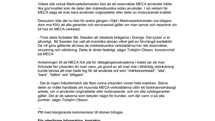 Kommentarer till domen i Marknadsdomstolen mellan Bil Sweden och MECA