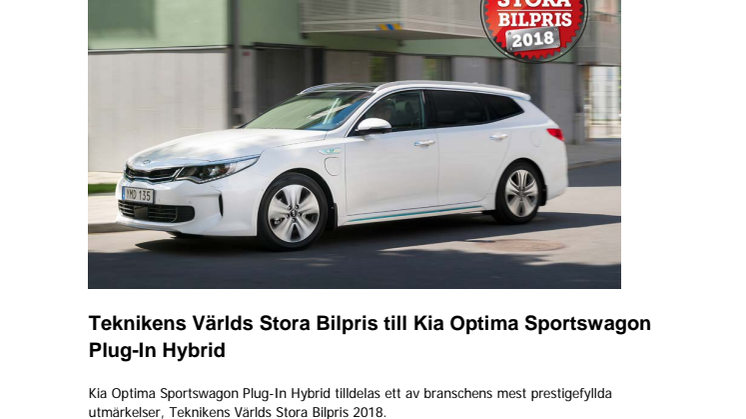Teknikens Världs Stora Bilpris till Kia Optima Sportswagon Plug-In Hybrid 