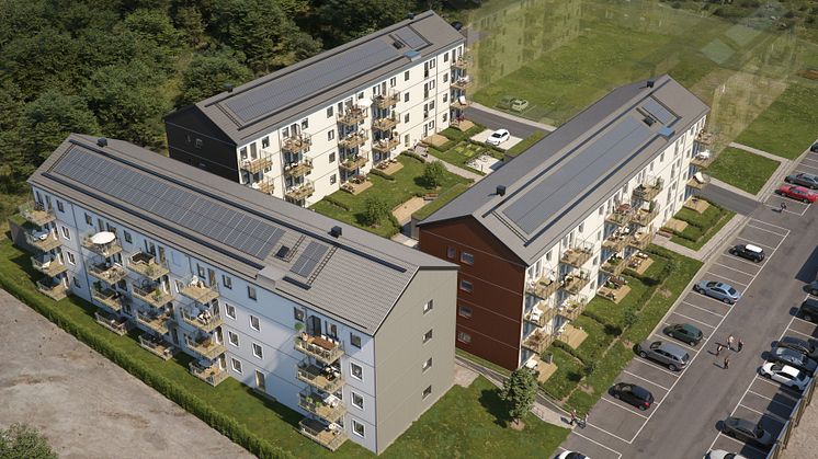 Översiktsillustration av det nya kvarteret BoKlok Travbanan i Gävle. 