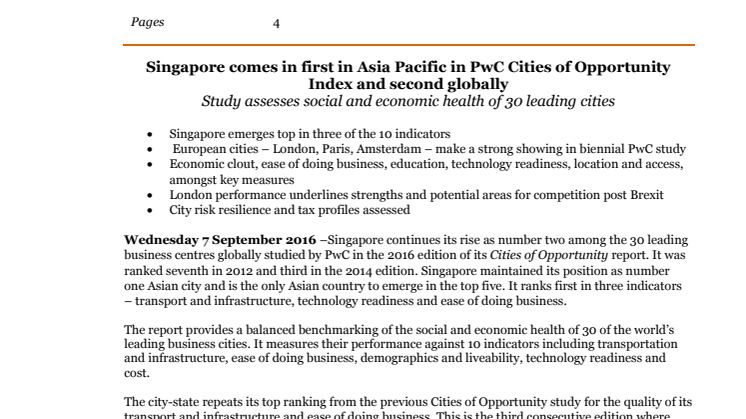 ​Singapore comes in first in Asia Pacific in PwC Cities of Opportunity Index and second globally