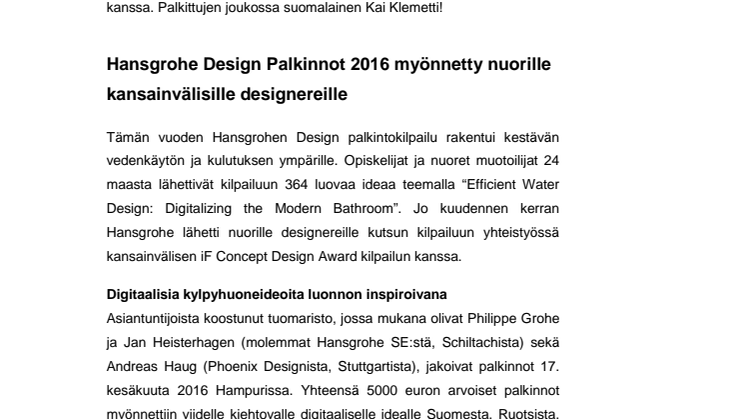 Hansgrohe Design Palkinnot 2016 myönnetty nuorille kansainvälisille designereille