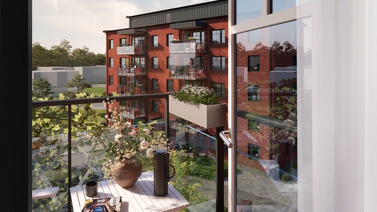 Vy från balkong i Brf Skulptören. illustration: 3D Nord Visualisering