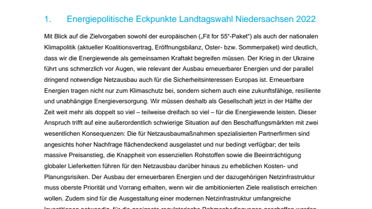Positionspapier zur Landtagswahl in Niedersachsen der ARGE Energiegemeinschaft