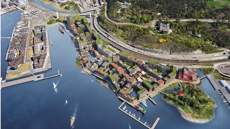 HAV Eiendom har fokus på lokal, global, sosial og økologisk bærekraft i utviklingen av Grønlikaia i Oslo. Illustrasjon: Rodeo Arkitekter