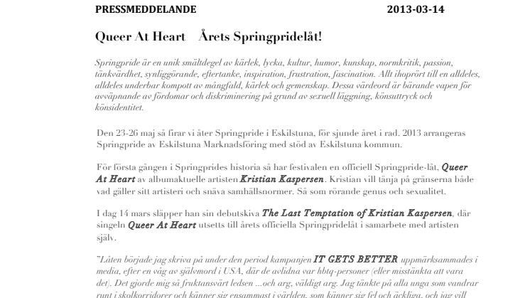 Officiell Springpridelåt - Queer At Heart av Kristian Kaspersen