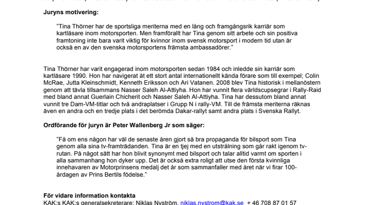 KUNGLIGA AUTOMOBIL KLUBBEN - Motorprinsens medalj till Tina Thörner 