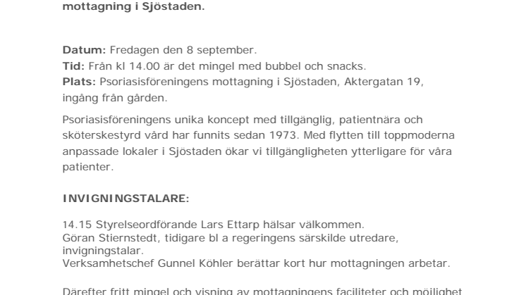 Pressinbjudan: Invigning av Psoriasisföreningens mottagning i Sjöstaden