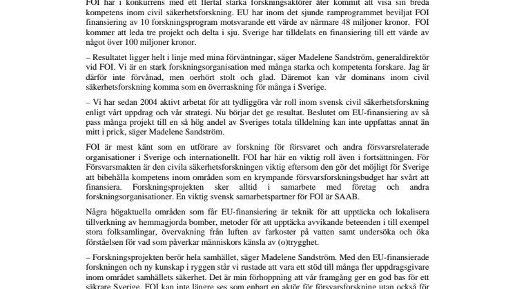 FOI dominerar när EU finansierar civil säkerhetsforskning