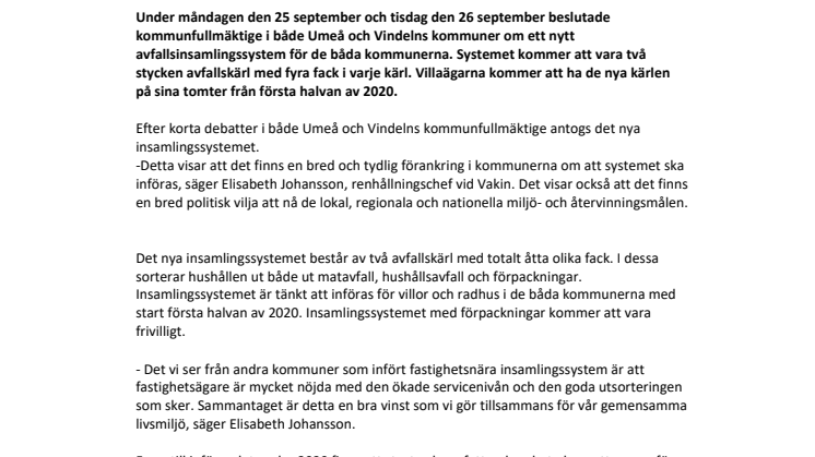 Nytt avfallsinsamlingssystem för villaägare i Umeå och Vindelns kommuner