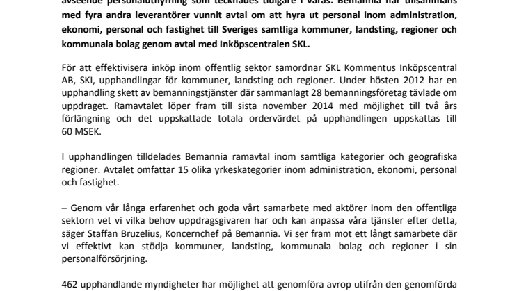 Fler ansluter sig till avtalet mellan Bemannia och SKL Kommentus Inköpscentral AB 