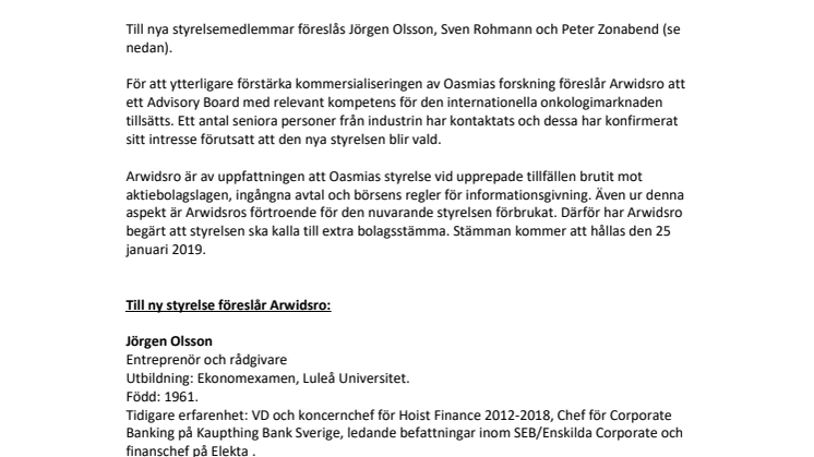 Arwidsro föreslår ny styrelse i Oasmia