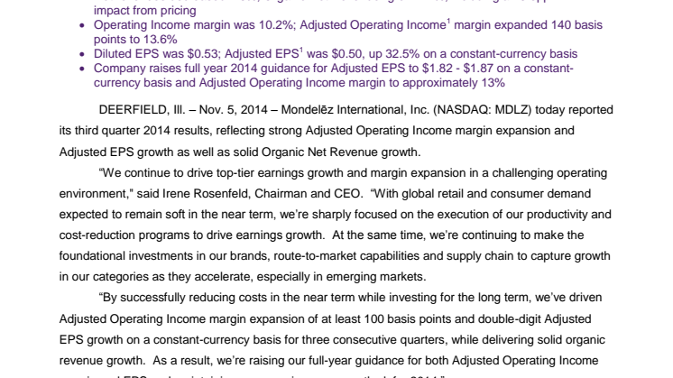 Mondelēz International Reports Q3 Results; Raises Guidance
