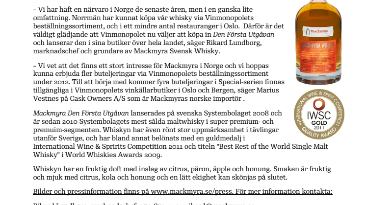 Norska Vinmonopolet väljer svensk whisky 
