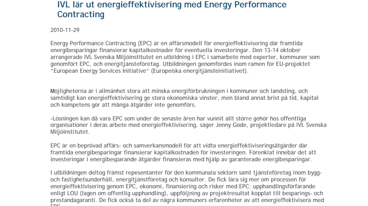 IVL lär ut energieffektivisering med Energy Performance Contracting