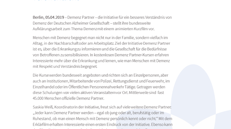 Erklärfilm zur Initiative Demenz Partner veröffentlicht 