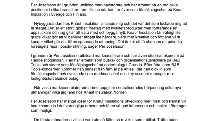Ny försäljningschef på Knauf Insulation, Sverige och Finland
