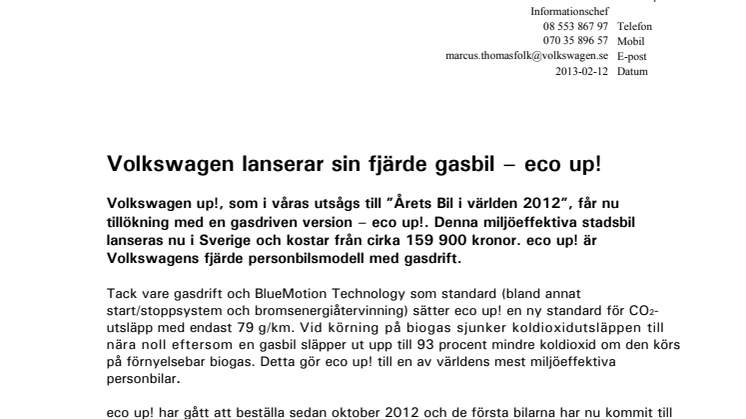 Volkswagen lanserar sin fjärde gasbil – eco up! 