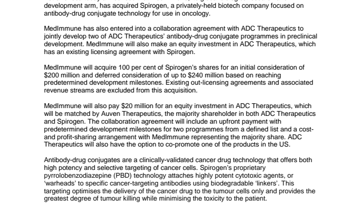 AstraZeneca stärker sin onkologiportfölj genom Medimmunes förvärv av Spirogen som ökar möjligheterna inom antikroppskonjugat