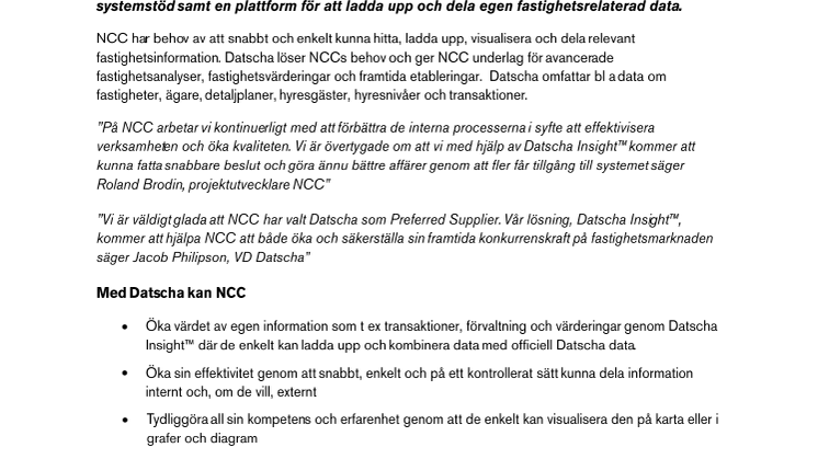 NCC väljer Datschas lösning för information och analys av kommersiella fastigheter
