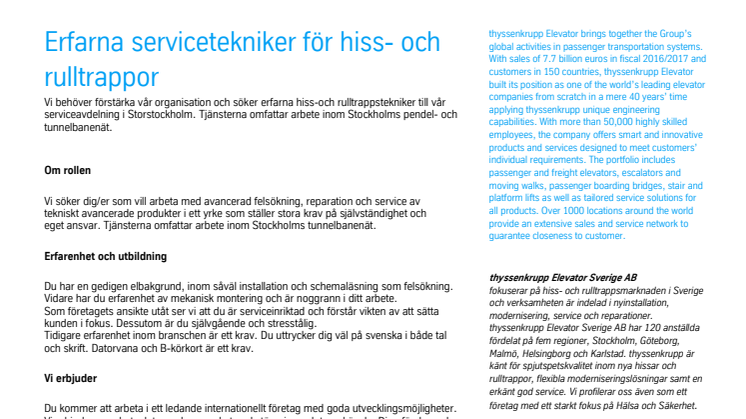 thyssenkrupp söker erfarna servicetekniker för hiss- och rulltrappor