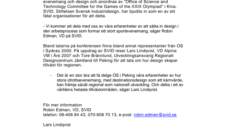 Svensk designkunskap på plats inför OS i Peking 2008