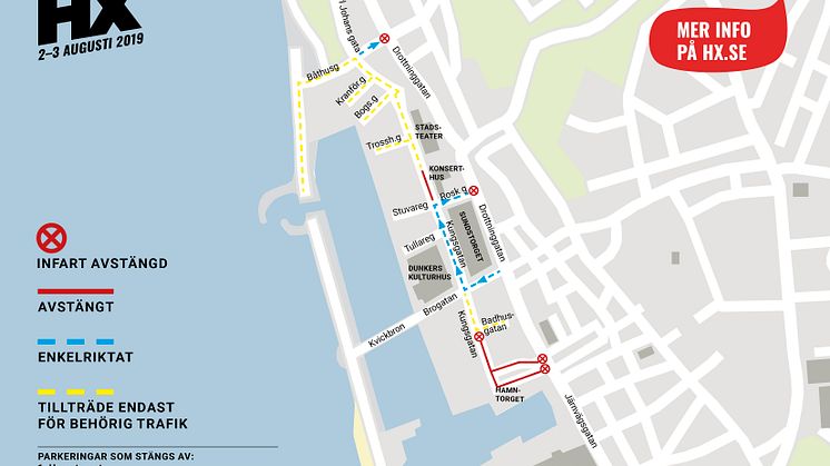 Trafikkarta för årets sommarfestival Hx 2019 i Helsingborg 2-3 augusti