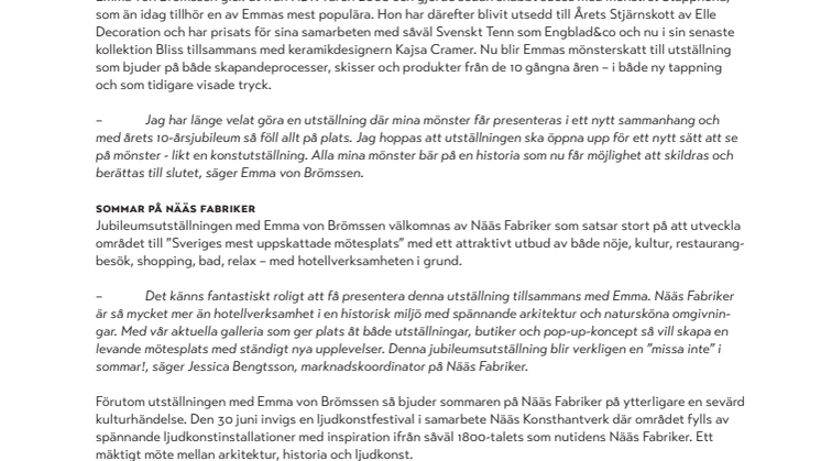 Emma von Brömssen firar 10 år som mönsterformgivare med en jubileumsutställning på Nääs Fabriker