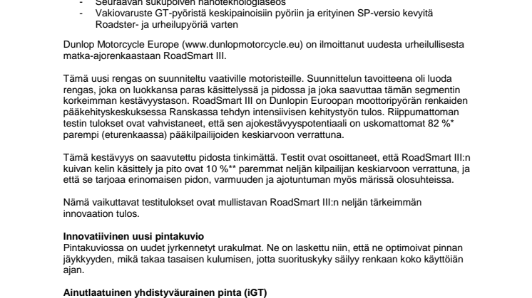 Dunlop Europe esittelee uuden RoadSmart III -matkarenkaan – sisältää mullistavaa uutta teknologiaa 