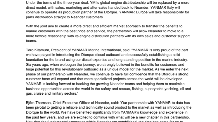 YANMAR Transfers Direct Sales Rights of the Dtorque to Neander