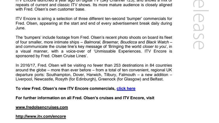 Fred. Olsen Cruise Lines enters into month-long sponsorship of ITV Encore in June 2015