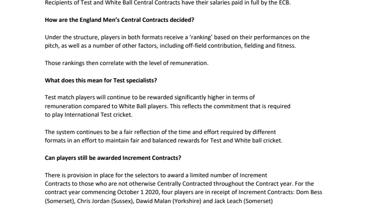 ​ECB announces England Men’s Central Contracts for 2020/21 season